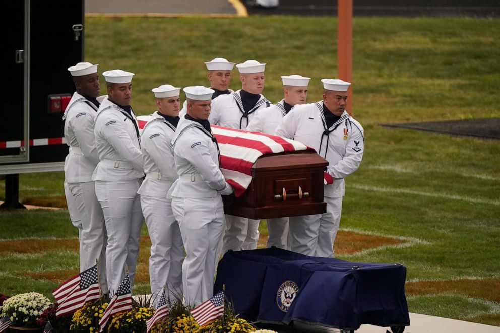 PHOTO: The U.S. Navy Honor Guard carries the casket of Navy Corpsman Maxton Soviak at Edison High School Stadium, Monday, Sept. 13, 2021, in Milan, Ohio.