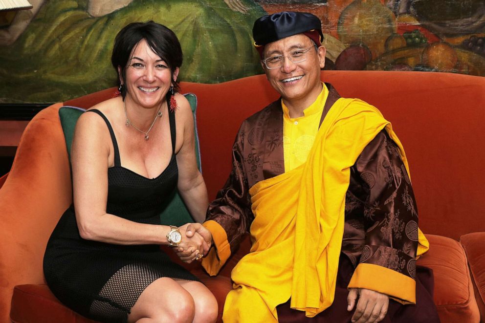 PHOTO: TerraMar's Ghislaine Maxwell and his holiness the Gyalwang Drukpa attend a reception at Ghislaine Maxwell's residence after "StarTalk Live! Water World" Panel Discussion, June 5, 2014, in New York.