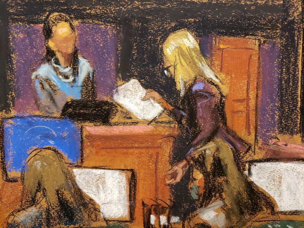 PHOTO: Defense lawyer Laura Menninger questions witness "Jane" about prior inconsistencies in documents during the trial of Ghislaine Maxwell, the Jeffrey Epstein associate accused of sex trafficking, in a courtroom sketch in New York City, Dec. 1, 2021.