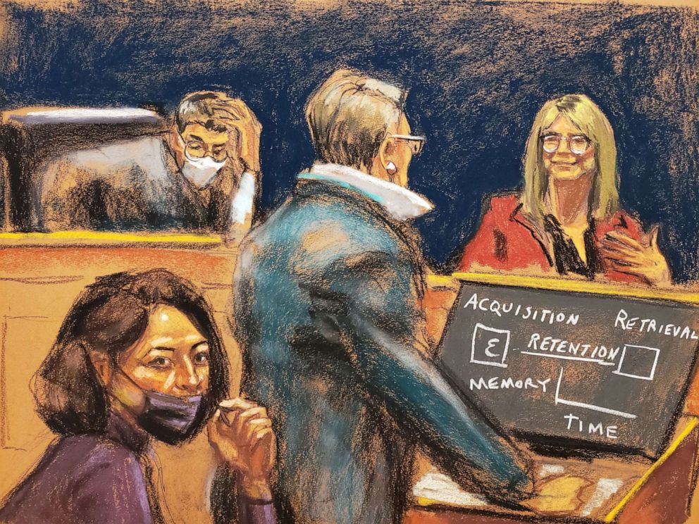 PHOTO: Ghislaine Maxwell listens as attorney Bobbi Sternheim questions psychologist Elizabeth Loftus during the trial of Maxwell, the Jeffrey Epstein associate accused of sex trafficking, in a courtroom sketch in New York, Dec. 16, 2021.