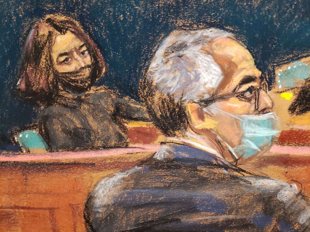 PHOTO: This courtroom sketch shows Ghislaine Maxwell looking at her brother Kevin Maxwell during her trial on charges of sex trafficking, in New York City, on Dec. 1, 2021.