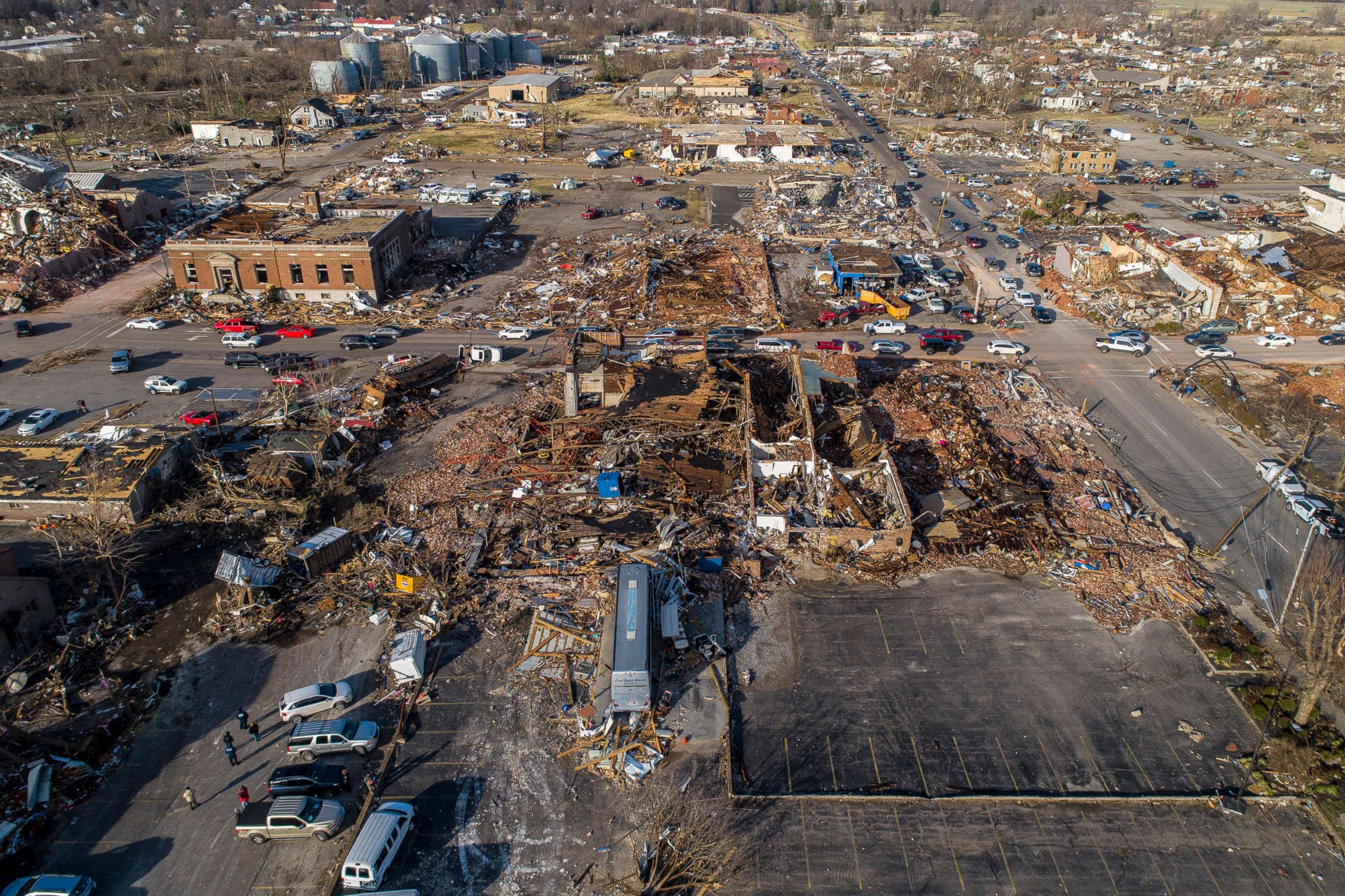 PHOTO: The path of destruction in downtown Mayfield, Ky.,Dec. 11, 2021, after a tornado traveled through the region overnight.