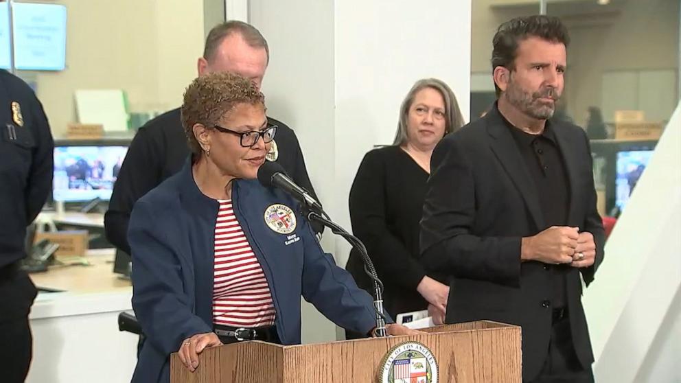 PHOTO: Los Angeles Mayor Karen Bass speaks at a press conference on Jan. 11, 2025, in Los Angeles.