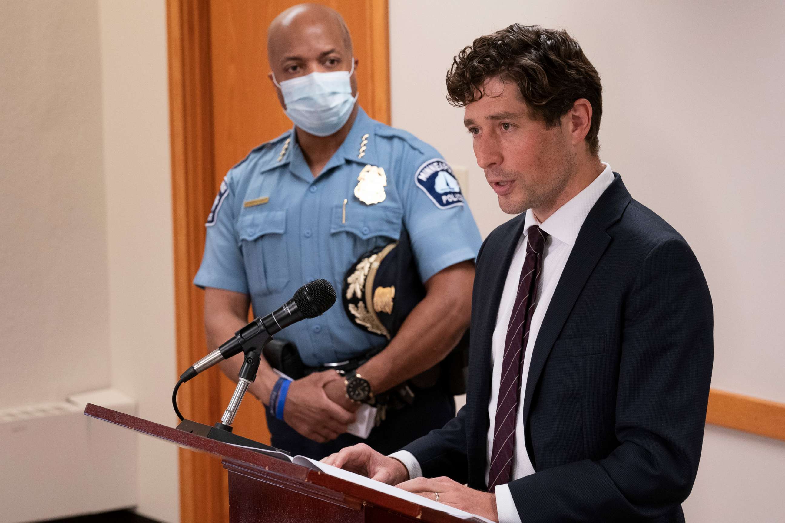 PHOTO: In this Aug. 26, 2020, file photo, Minneapolis Mayor Jacob Frey speaks at a news conference as Police Chief Medaria Arradondo listens, in Minneapolis.