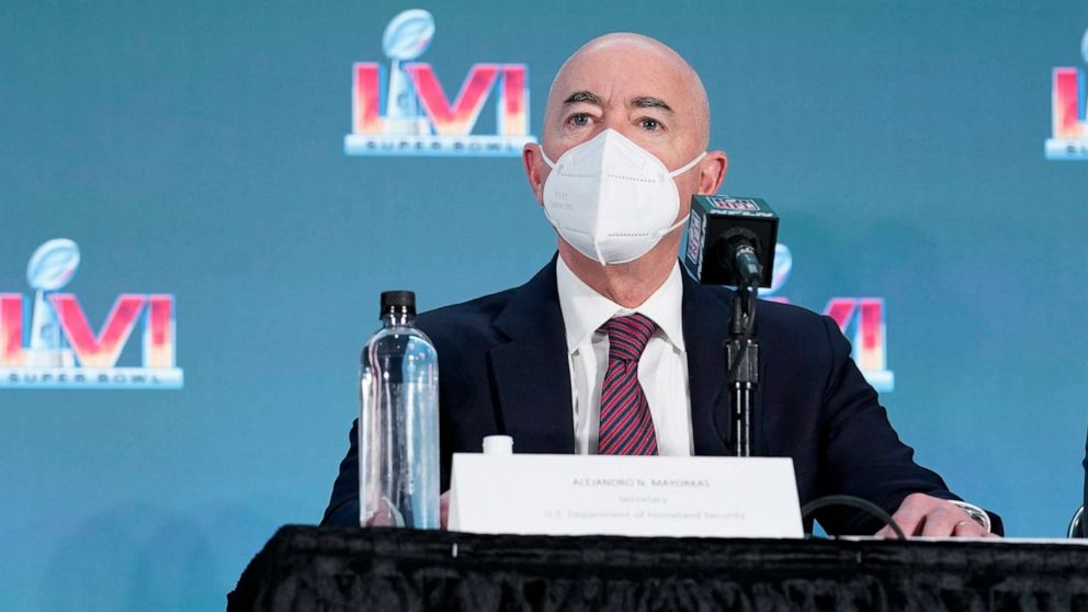 PHOTO: Alejandro Mayorkas, Secretary, Department of Homeland Security, addresses the media during a press conference to discuss security measures taken in advance for the Super Bowl NFL Football game, Feb. 8, 2022, in Los Angeles.