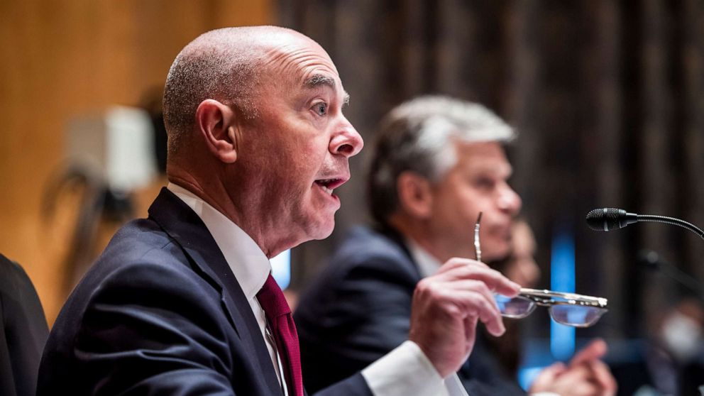 PHOTO: Secretary of Homeland Security Alejandro Mayorkas testifies before a Senate Homeland Security and Governmental Affairs hearing on terror threats to the U.S. in the Dirksen Senate Office Building, Sept. 21, 2021, in Washington, D.C.