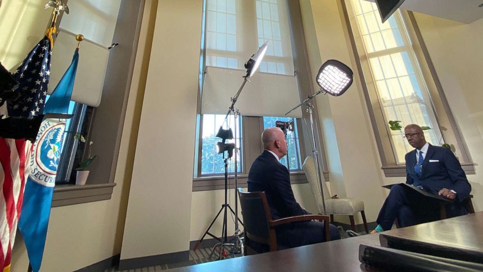 PHOTO: Department of Homeland Security Secretary Alejandro Mayorkas is interviewed by ABC News Chief Justice Correspondent Pierre Thomas at DHS Headquarters in Washington D.C. on November 1, 2022.