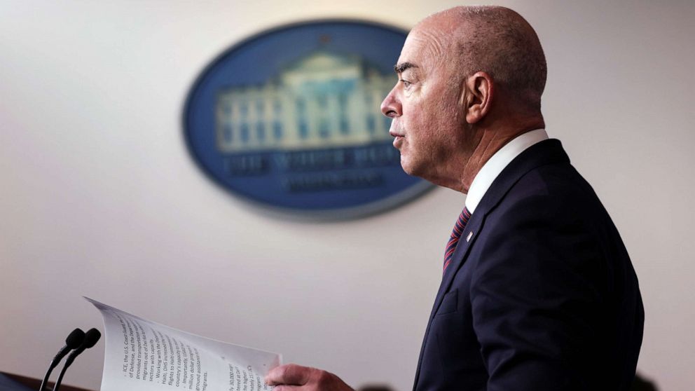 PHOTO: Secretary of Homeland Security Alejandro Mayorkas speaks in the Brady Press Briefing Room at the White House in Washington, D.C., Sept, 24, 2021.
