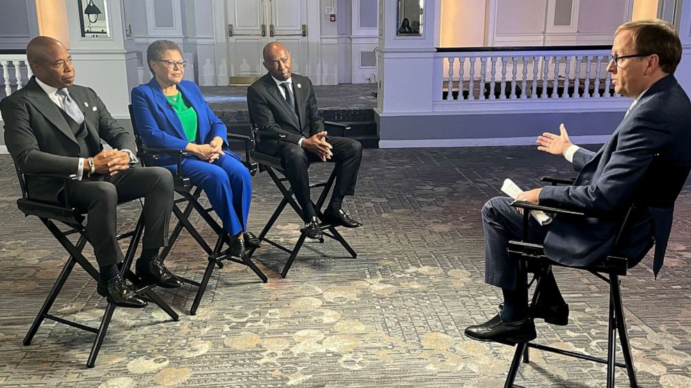 PHOTO: New York City Mayor Eric Adams, Los Angeles Mayor Karen Bass and Houston Mayor Sylvester Turner sit down for an interview. with ABC News' Jonathan Karl.