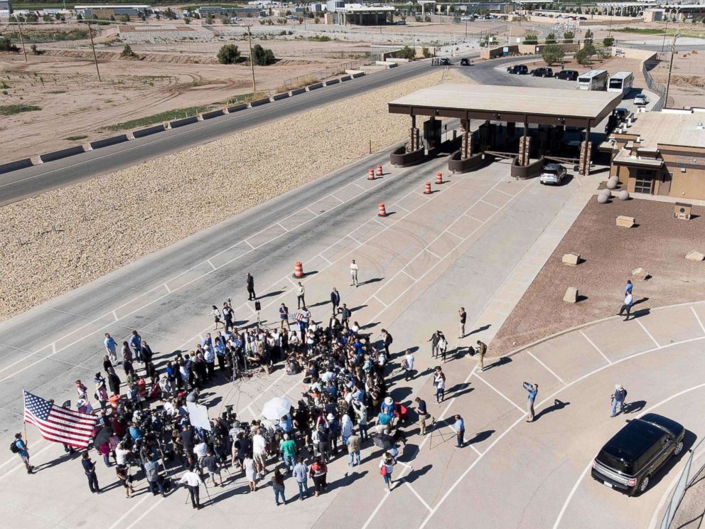 PHOTO: Mayors speak to the press outside the Tornillo Port of Entry where minors crossing the US-Mexico border without proper papers have been housed after being separated from adults, June 21, 2018 in Tornillo, Texas.