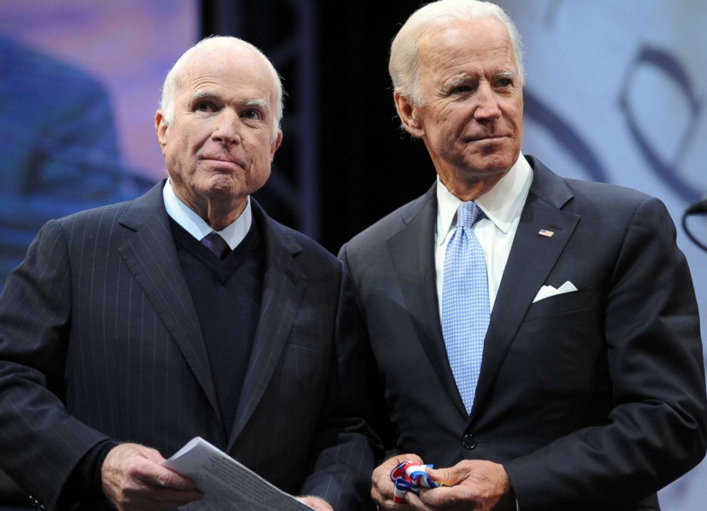 PHOTO: Sen. John McCain receives the 2017 Liberty Medal from former Vice President Joe Biden at the National Constitution Center, Oct. 16, 2017 in Philadelphia. 