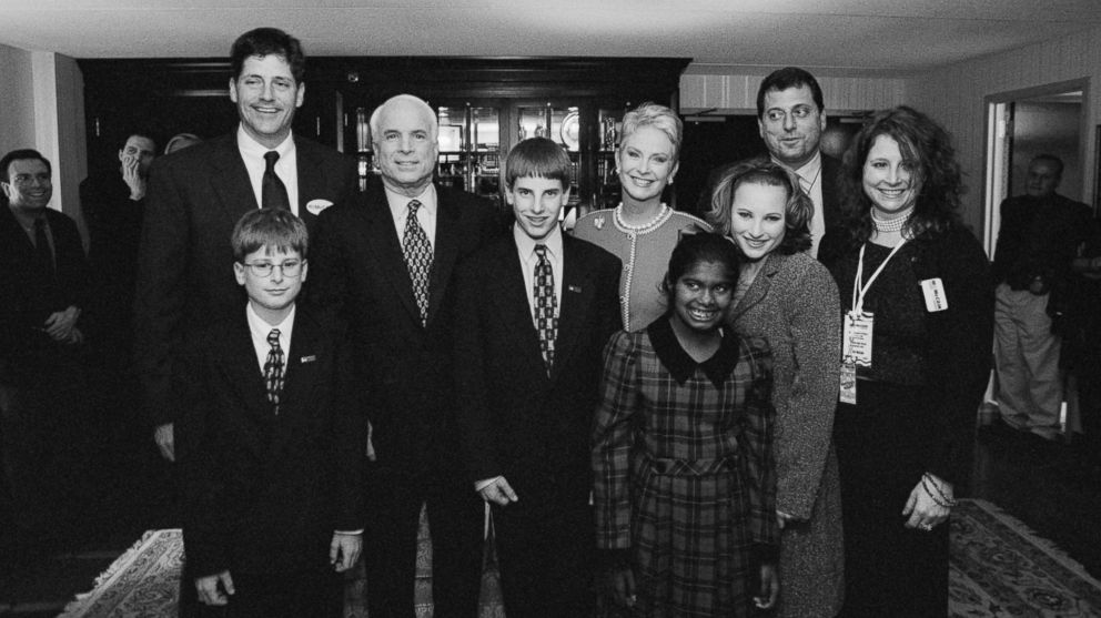 PHOTO: John McCain with his wife, Cindy, and children pose for a photo, Feb. 1, 2000 in New Hampshire. McCain's children are from left, Andy, Jimmy, Jack, Bridget, Meghan, Doug, and Sidney.