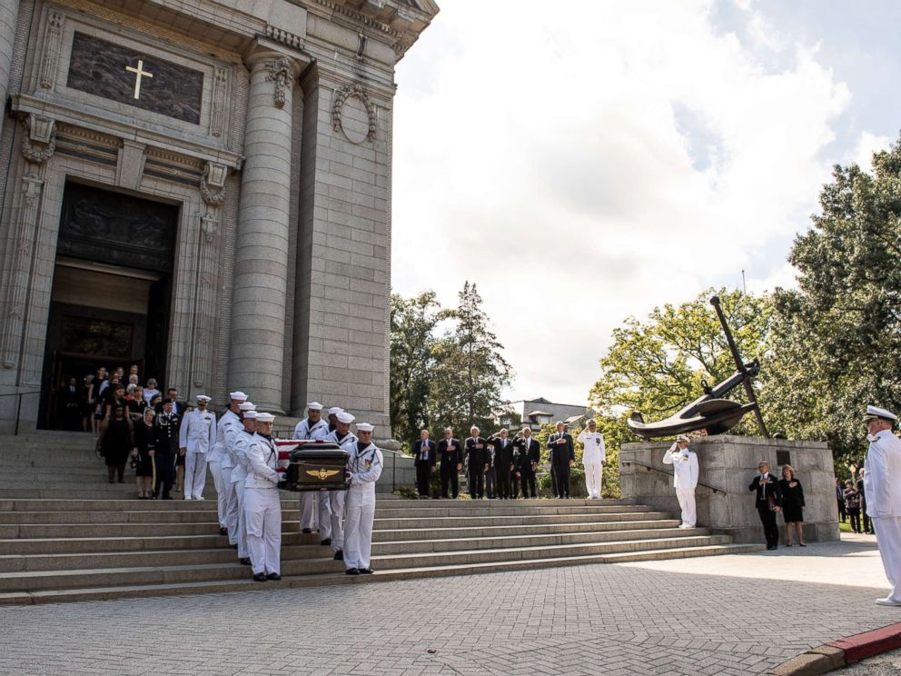 Navy Body Bearers move the casket of the late Senator John McCain to a horse-drawn caisson after his funeral service at the United States Naval Academy Chapel, Sept. 2, 2018. John Sidney McCain, III graduated from the United States Naval Academy in 1958.