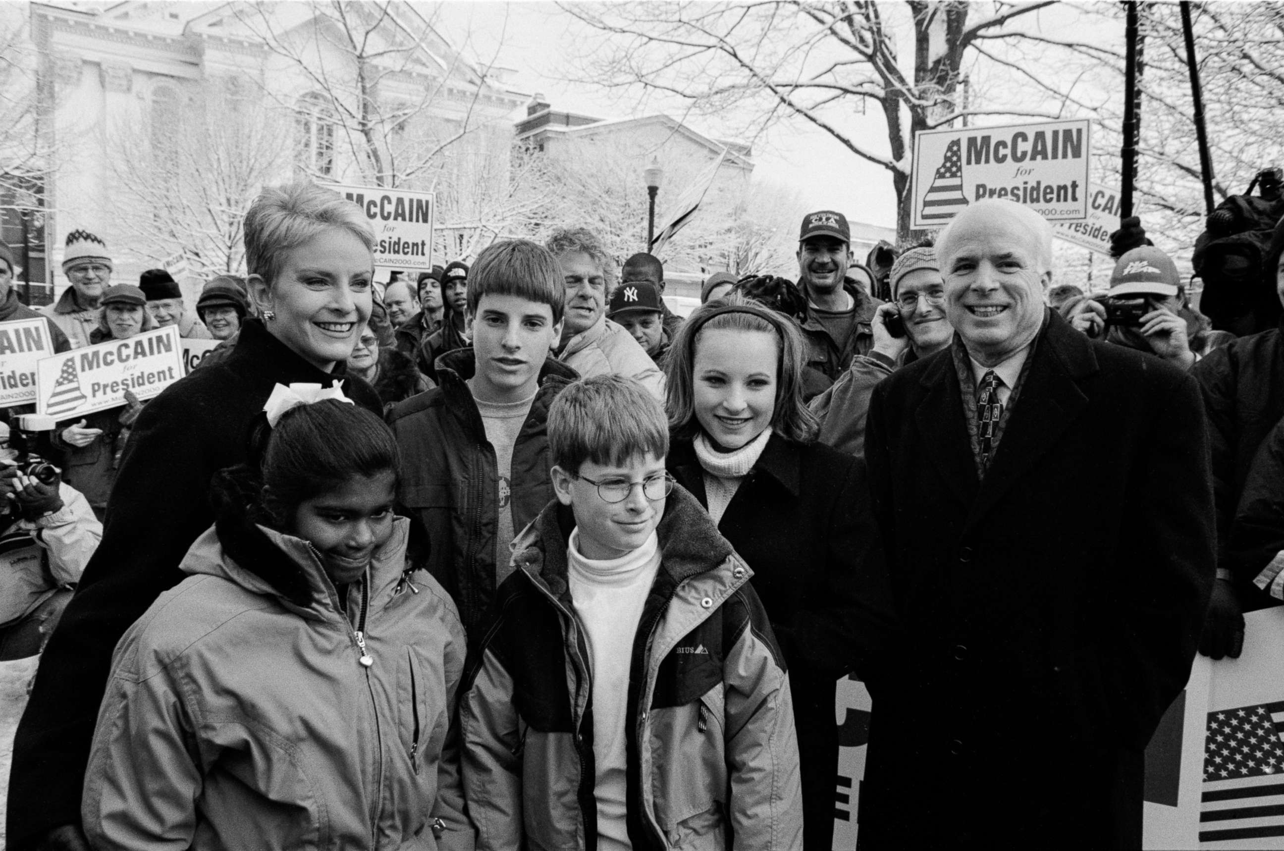 PHOTO: John and Cindy McCain attend a rally in the park with their family in Keene, N.H., Jan. 31, 2000. From left, daughter Bridget, sons Jack and Jimmy, and daughter Meghan.  January 31, 2000 in Keene, New Hampshire.