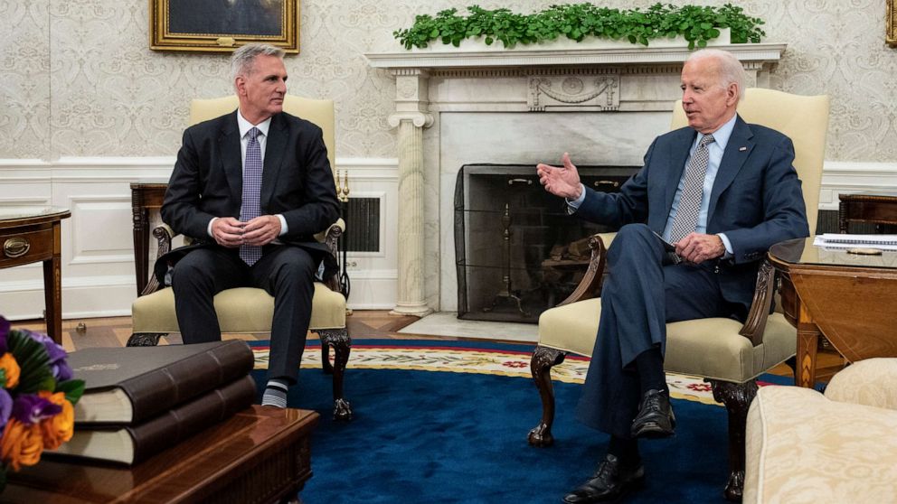 PHOTO: President Joe Biden meets with House Speaker Kevin McCarthy in the Oval Office of the White House, May 22, 2023 in Washington.