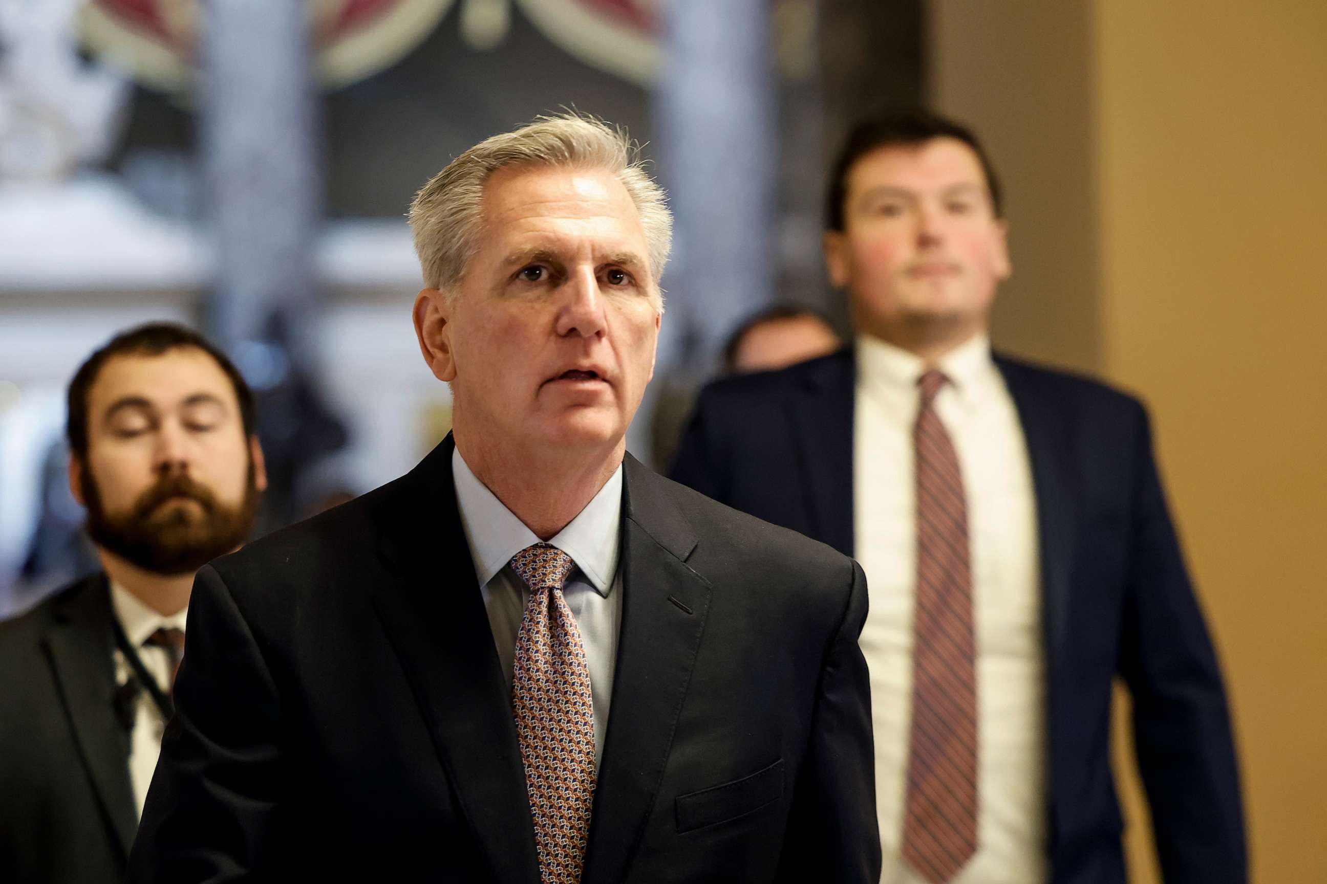 PHOTO: WASHINGTON, DC - JANUARY 30: Speaker of the House Kevin McCarthy walks to open floor of the House Chambers in the U.S. Capitol Building on Jan. 30, 2023. The White House said McCarthy would be attending a meeting with Joe Biden later this week.