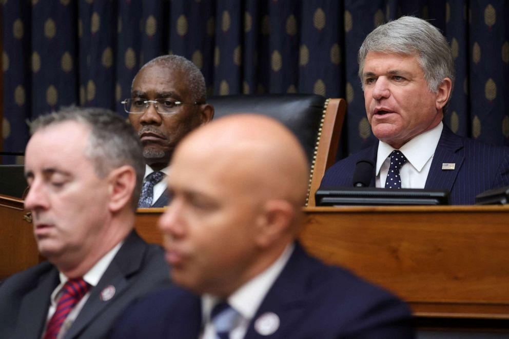PHOTO: House Foreign Affairs Committee Chairman Gregory Meeks and ranking member Representative Michael McCaul preside as Secretary of State Antony Blinken testifies on the U.S. withdrawal from Afghanistan at a hearing in Washington, D.C., Sept. 13, 2021.