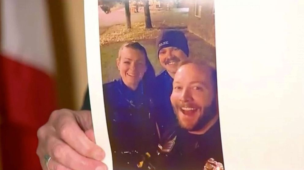 PHOTO: Aurora, Colo., police officers Erica Marrero, left, and Kyle Dittrich, right, were both fired for posing at the site of Elijah McClain's death. Jaron Jones, center, resigned earlier this week.