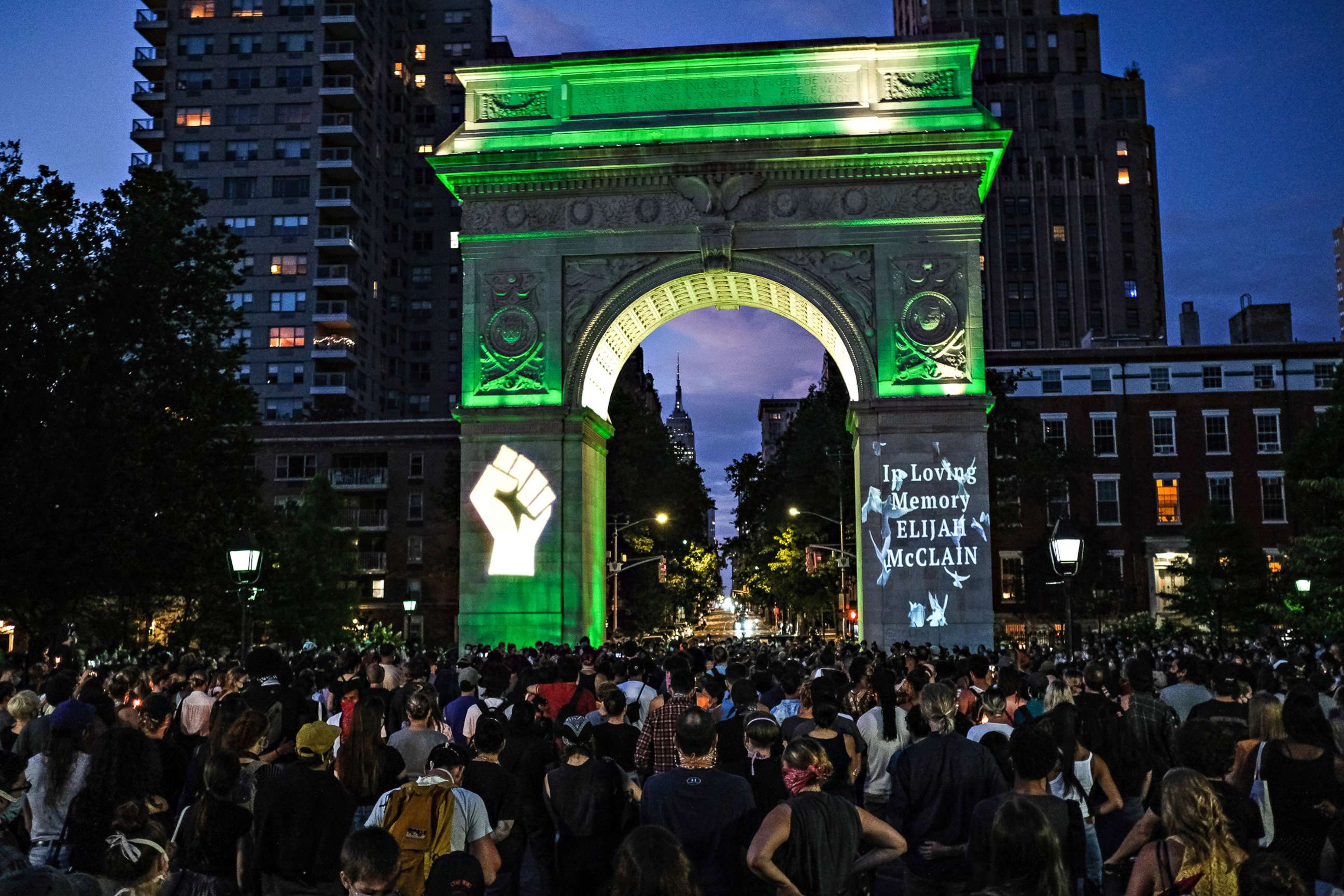 PHOTO: String players perform during a violin vigil for Elijah McClain in Washington Square Park in New York City, June 29, 2020.