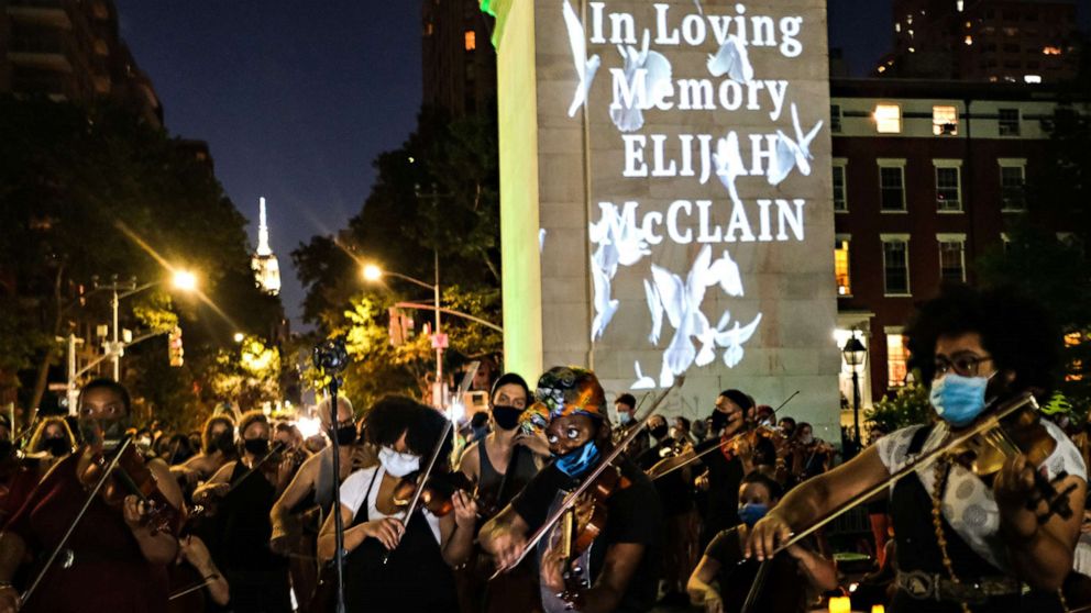 PHOTO: String players perform during a violin vigil for Elijah McClain in Washington Square Park in New York City, June 29, 2020.