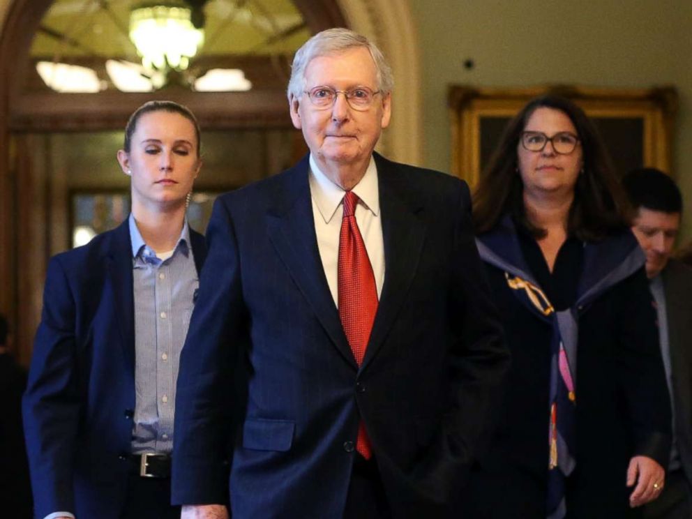 PHOTO: Senate Majority Leader Mitch McConnell (R-KY) leaves the Senate floor after the failure of both competing Republican and Democratic proposals to end the partial government shutdown in back to back votes on Capitol Hill, Jan. 24, 2019.