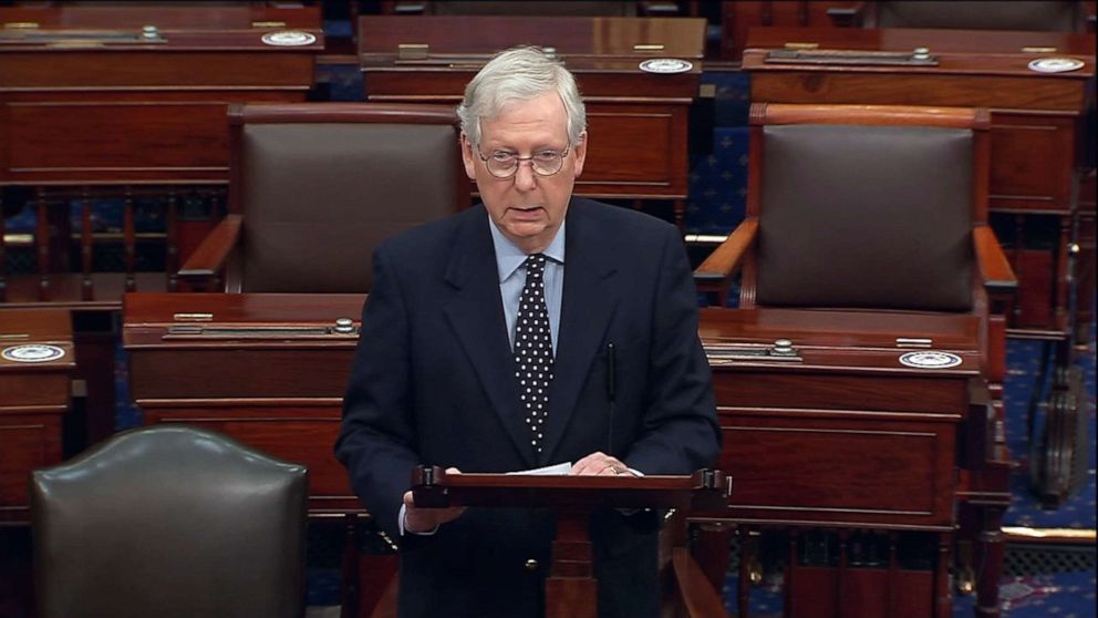 PHOTO: Senate Majority Leader Mitch McConnell speaks on the floor of the U.S. Senate, in an image made from video, Dec. 29, 2020, in Washington. 