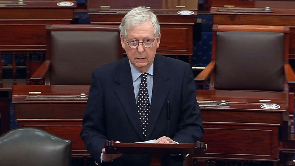PHOTO: Senate Majority Leader Mitch McConnell speaks on the floor of the U.S. Senate, in an image made from video, Dec. 29, 2020, in Washington. 