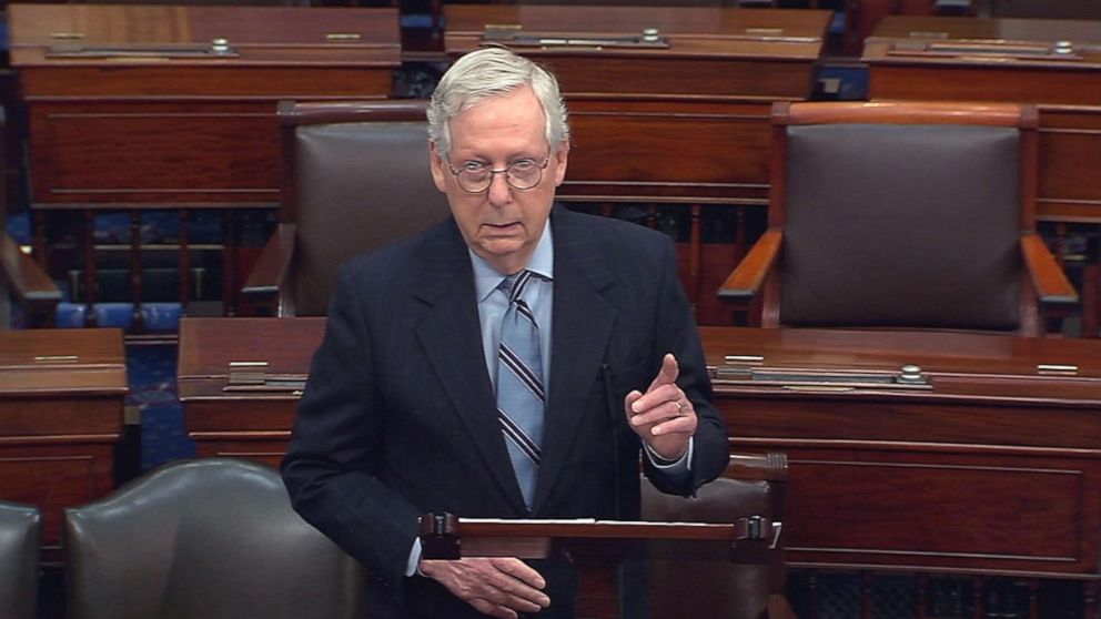 PHOTO: Senate Minority Leader Mitch McConnell speaks about voting rights legislation on the floor of the U.S. Senate in Washington, D.C., Jan. 19, 2022.