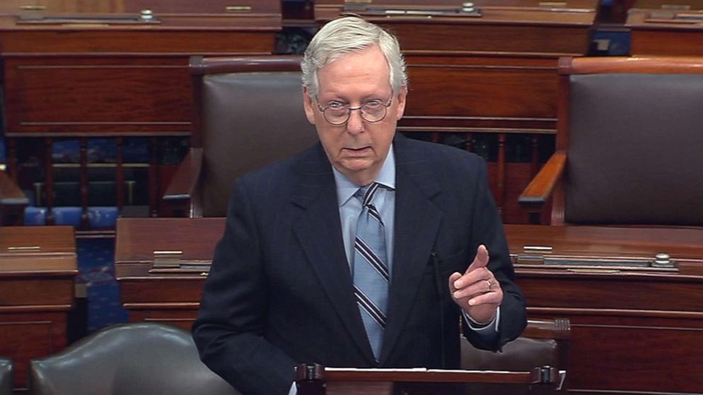 PHOTO: Senate Minority Leader Mitch McConnell speaks about voting rights legislation on the floor of the U.S. Senate in Washington, D.C., Jan. 19, 2022.