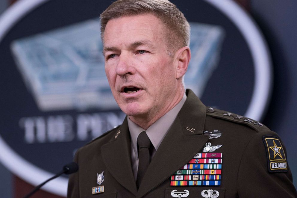 PHOTO: Chief of Staff of the Army Gen. James C. McConville speaks at the Pentagon about the latest COVID-19 developments in the Army, March 26, 2020, in Washington.