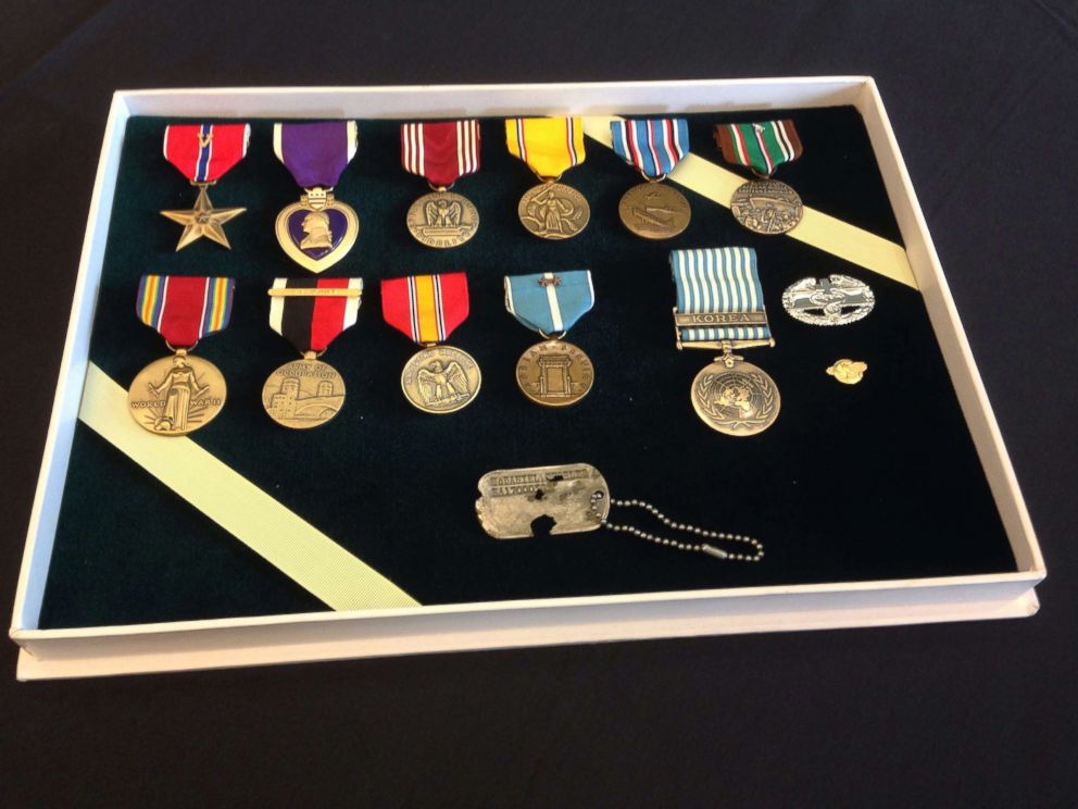 PHOTO: The dog tag were presented in a box that contained all of the ribbons and medals that their father,  Master Sergeant Charles H. McDaniel, had earned during his Army career that included major combat in Europe during World War II.