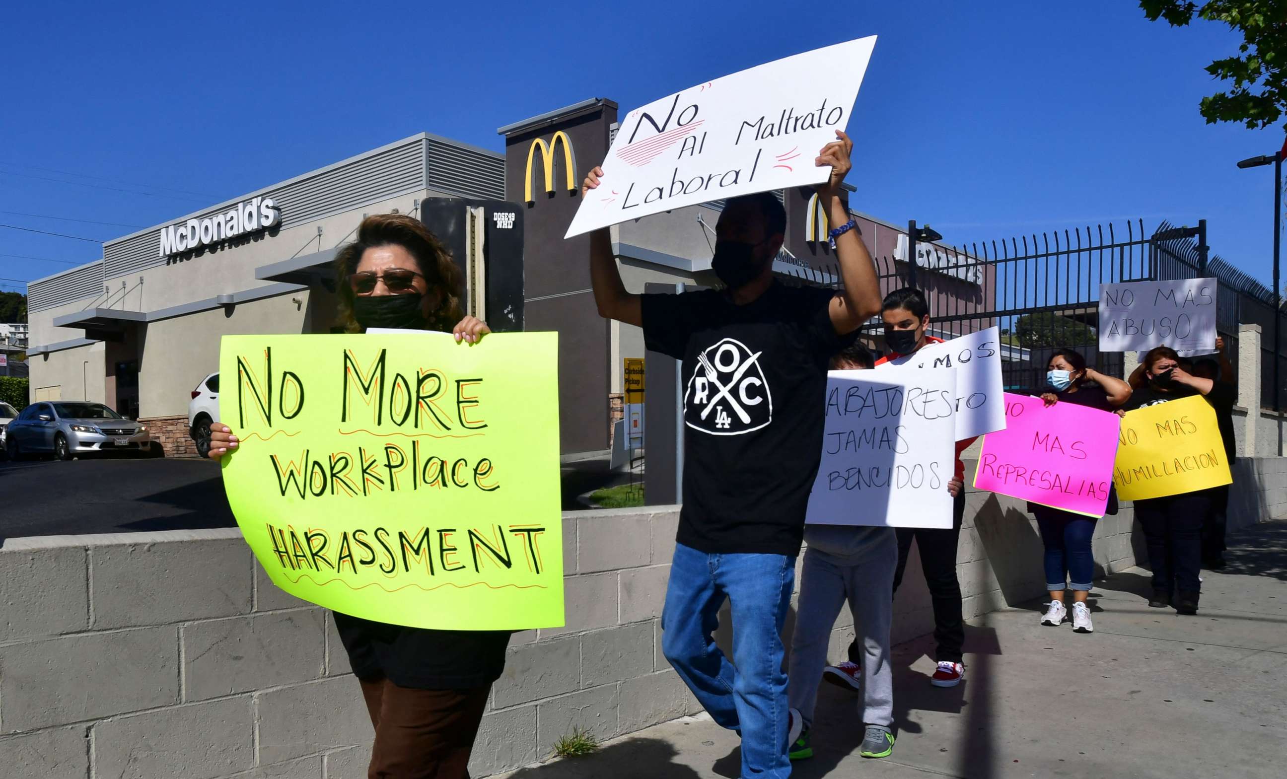 PHOTO: McDonald's employees protest outside their workplace on April 9, 2021, in Los Angeles.