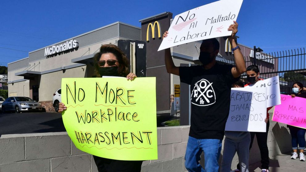 PHOTO: McDonald's employees protest outside their workplace on April 9, 2021, in Los Angeles.