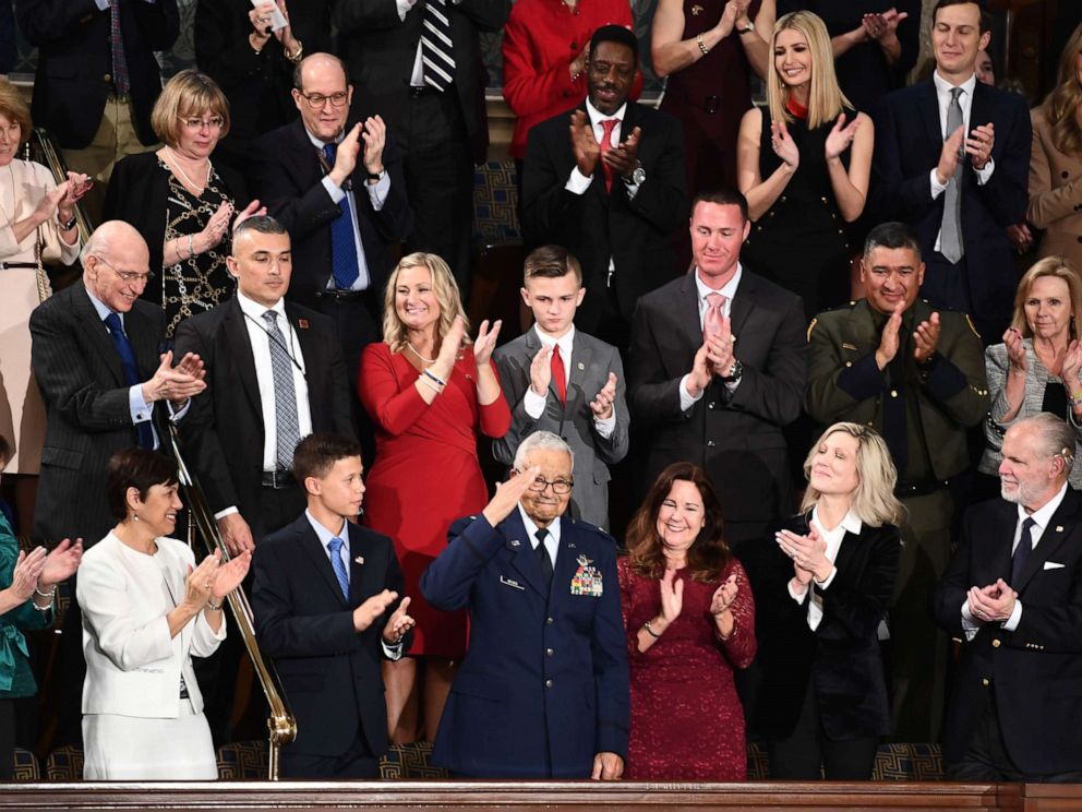 PHOTO: Retired Brigadier General Charles McGee (bottom C) salutes during the State of the Union address at the US Capitol in Washington, DC, on February 4, 2020.