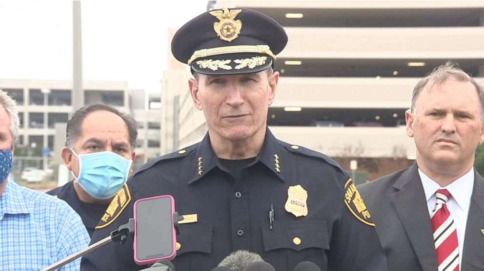 PHOTO: San Antonio Police Chief William McManus briefs reporters outside San Antonio International Airport after a man opened fire indiscriminately outside Terminal B, April 15, 2021.