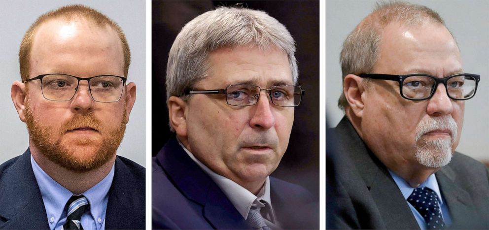 PHOTO: From left, Travis McMichael, William "Roddie" Bryan, and Gregory McMichael during their trial at at the Glynn County Courthouse in Brunswick, Ga. 