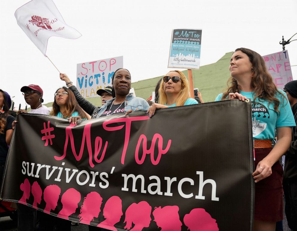 PHOTO: In this Nov. 12, 2017, file photo, Brenda Gutierrez, Frances Fisher and Tarana Burke participate in the #MeToo Survivors March & Rally, in Hollywood, Calif.