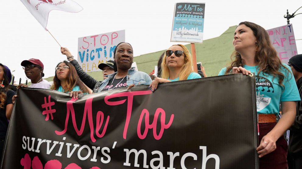 PHOTO: In this Nov. 12, 2017, file photo, Brenda Gutierrez, Frances Fisher and Tarana Burke participate in the #MeToo Survivors March & Rally, in Hollywood, Calif.