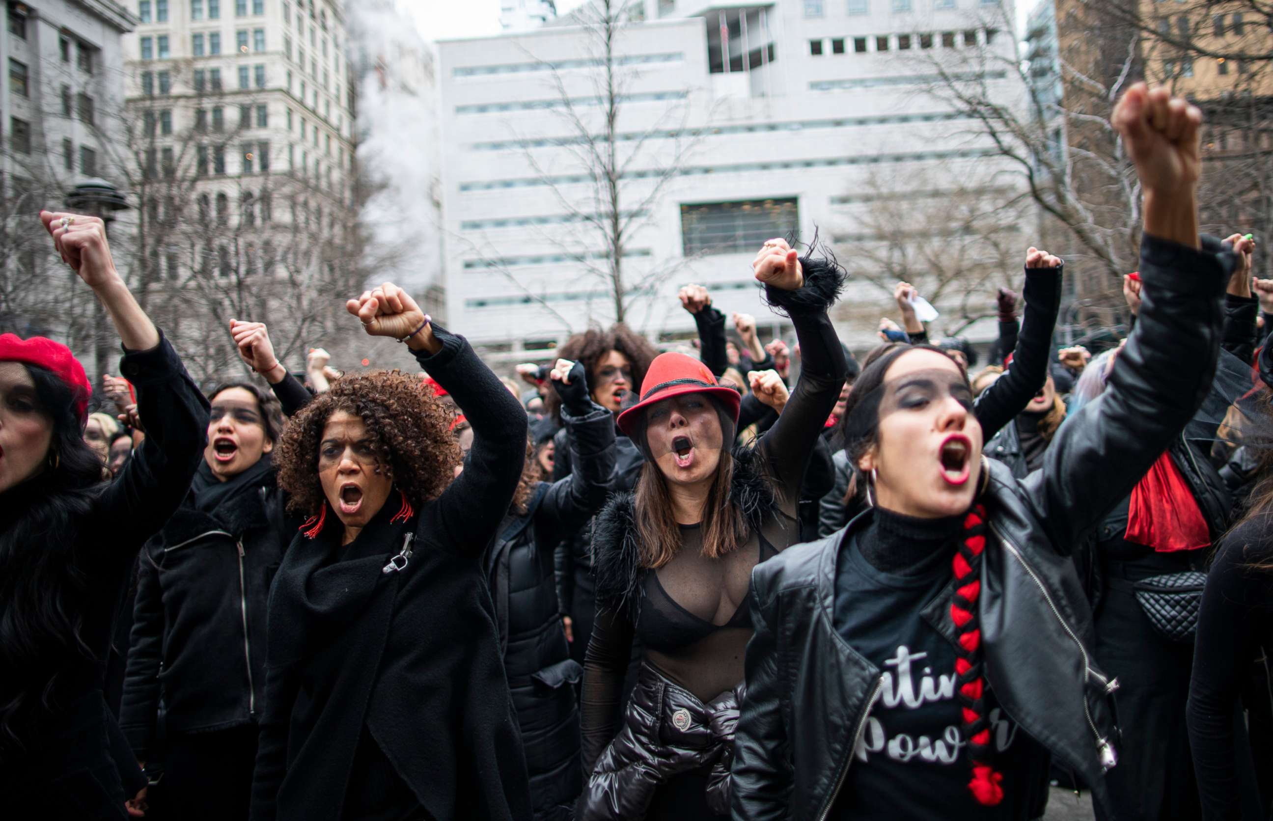 PHOTO: In this Jan. 10, 2020, file photo, women protest against rape in front of the court while Harvey Weinstein attends a pretrial session  in New York.