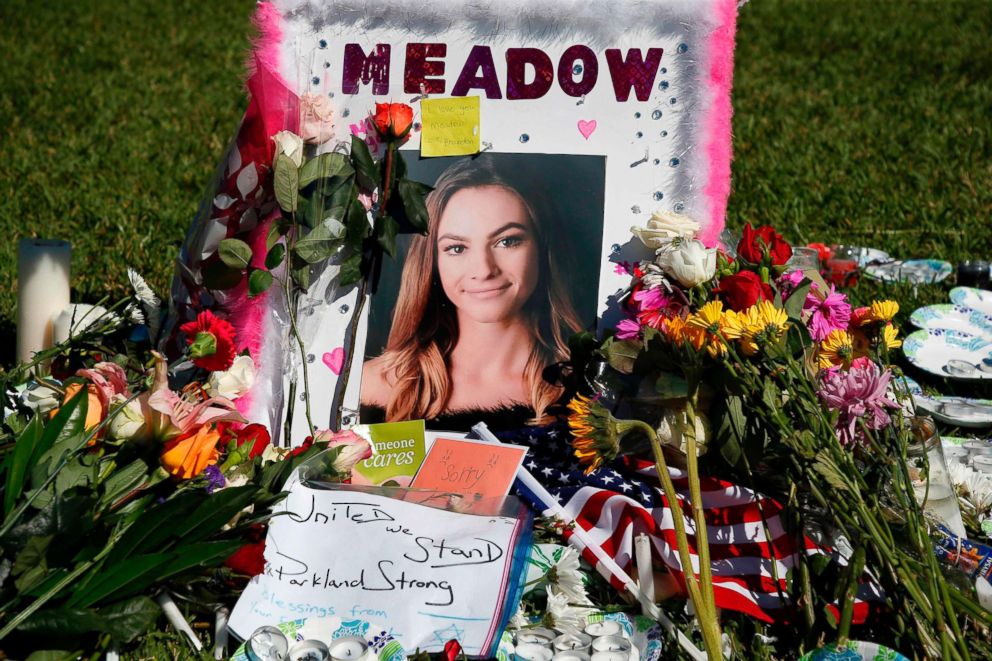 PHOTO: A memorial for Meadow Pollack, one of the victims of the Marjory Stoneman Douglas High School shooting, sits in a park in Parkland, Fla., Feb. 16, 2018.