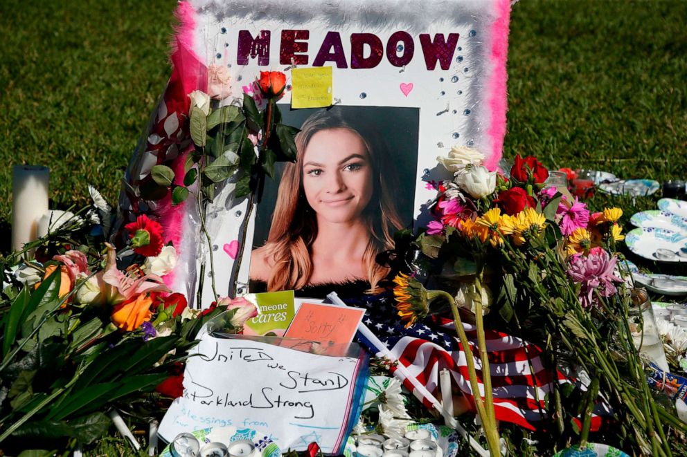 PHOTO: A memorial for Meadow Pollack, one of the victims of the Marjory Stoneman Douglas High School shooting, sits in a park in Parkland, Fla., Feb. 16, 2018, two days after the massacre.