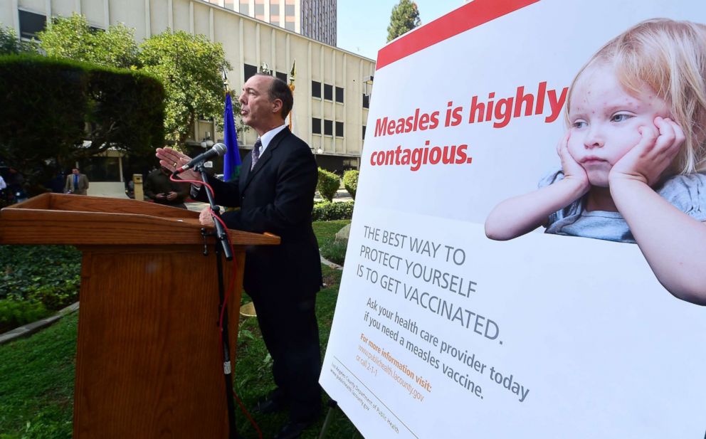 PHOTO: Dr. Jeffrey Gunzenhauser, Interim Health Officer from the Los Angeles County Department of Public Health, briefs the media outside the Department of Public Health in Los Angeles, Feb. 4, 2015, about the measles outbreak in Los Angeles County.