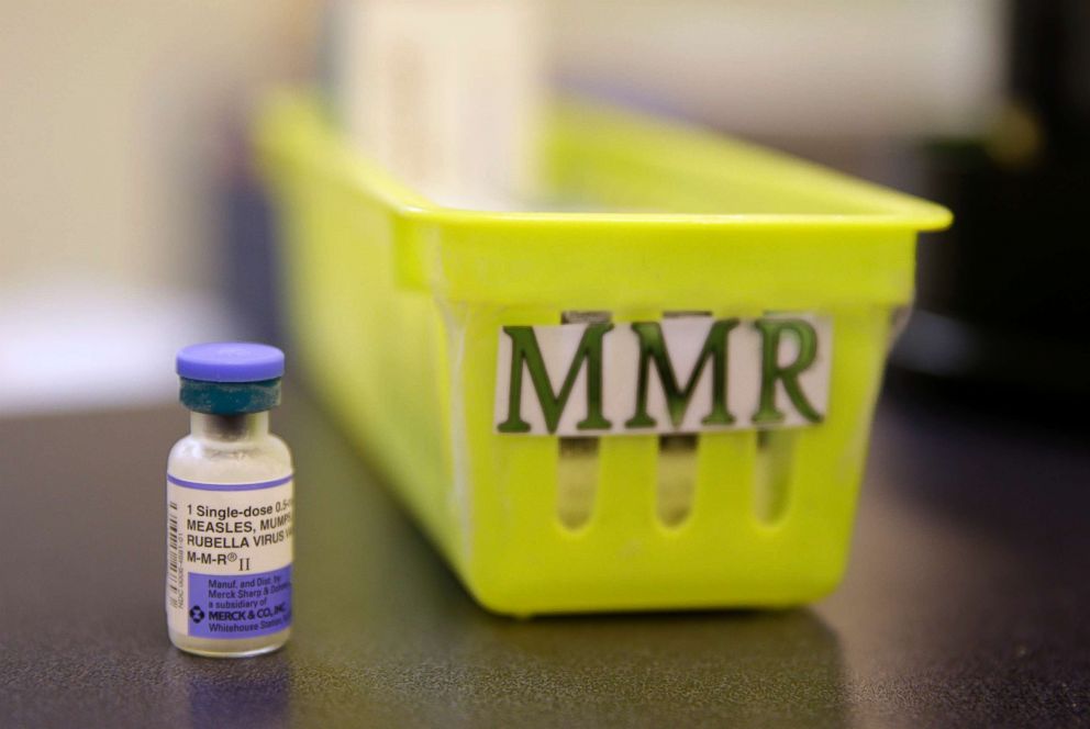 PHOTO: A measles, mumps and rubella vaccine on a countertop at a pediatrics clinic in Greenbrae, Calif.