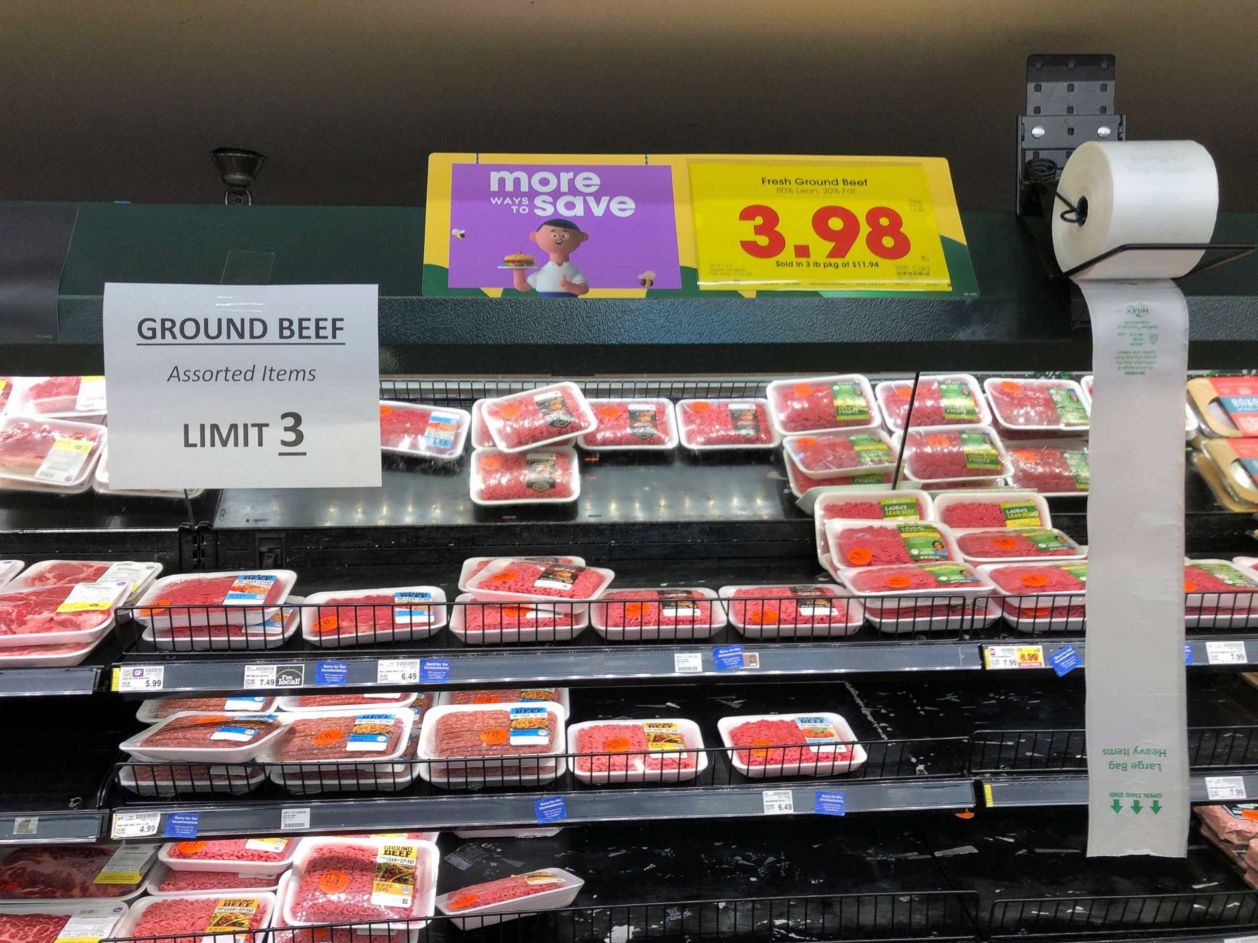 PHOTO: A sign at a Kroger store in Atlanta limits shoppers to three packages of ground beef, May 5, 2020.
