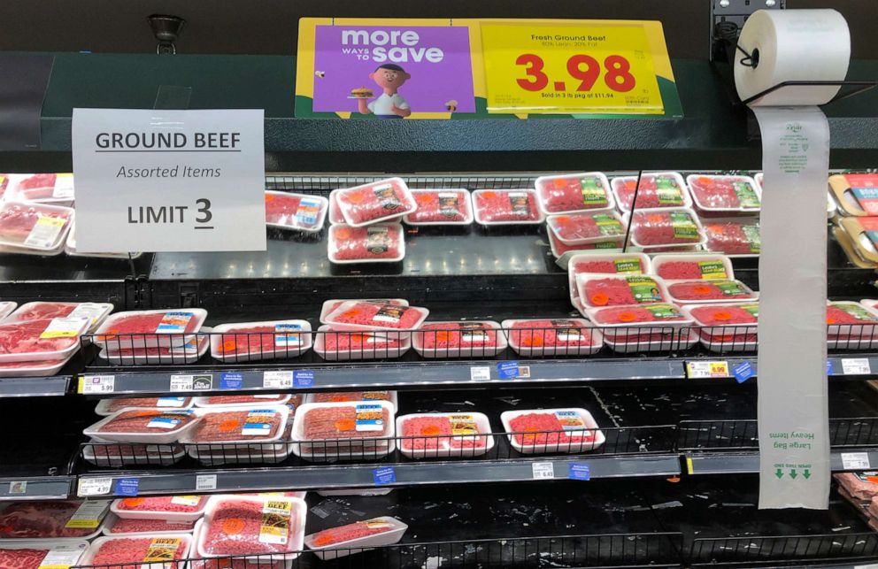 PHOTO: A sign at a Kroger store in Atlanta limits shoppers to three packages of ground beef, May 5, 2020.