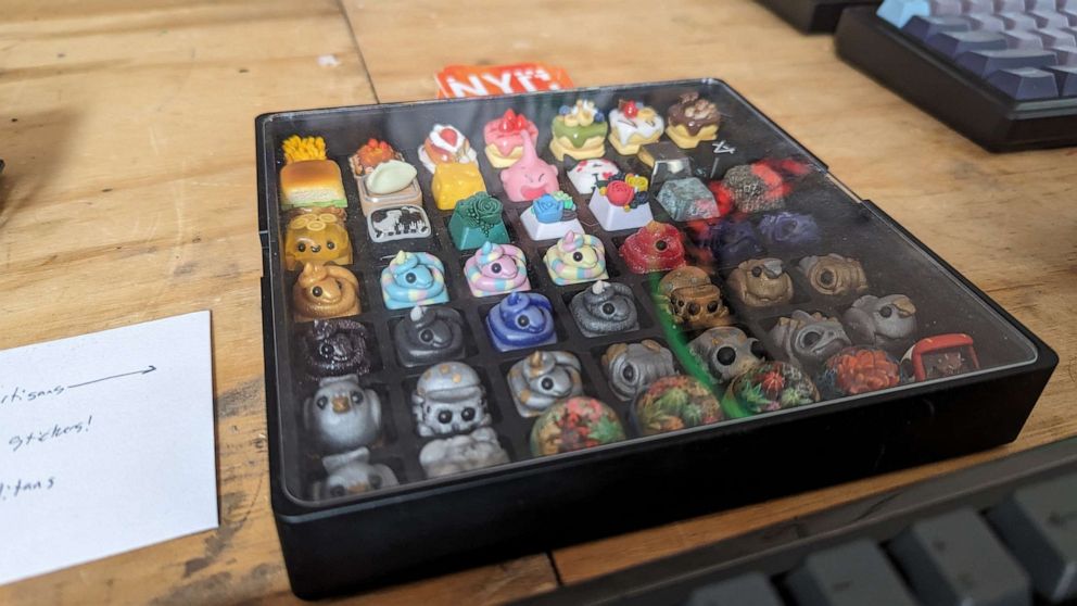 PHOTO: A selection of custom-made key-caps that Gordon Biggs brought to a meetup of mechanical keyboard enthusiasts.