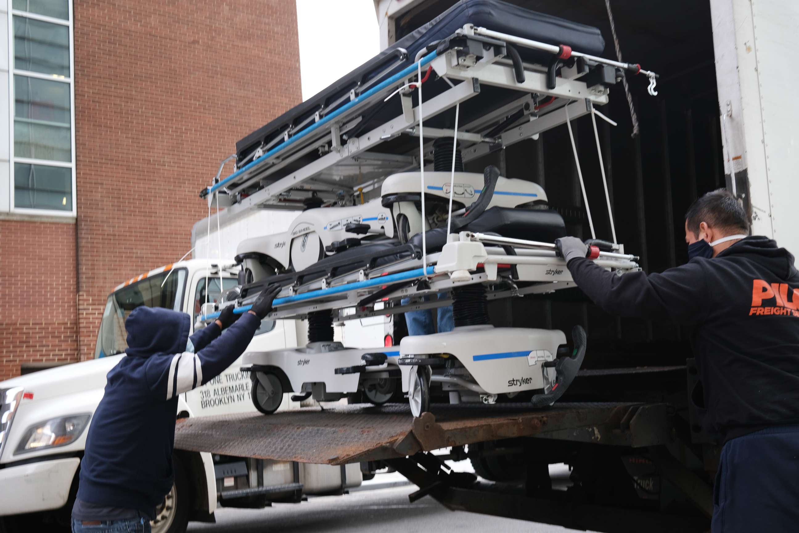 PHOTO: Extra medical beds are delivered to Maimonides Medical Center in Borough Park section of Brooklyn which has seen an upsurge of coronavirus patients, April 2, 2020 in New York.