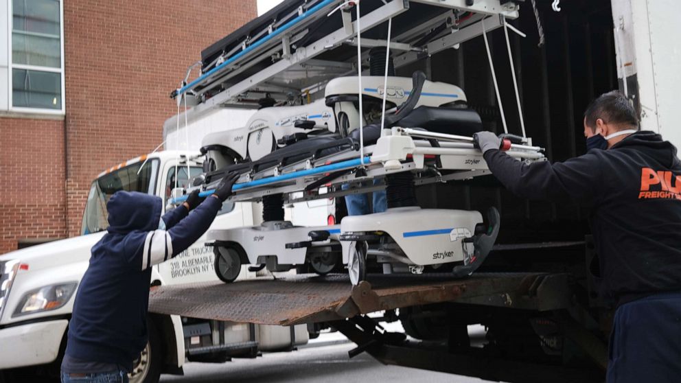 PHOTO: Extra medical beds are delivered to Maimonides Medical Center in Borough Park section of Brooklyn which has seen an upsurge of coronavirus patients, April 2, 2020 in New York.