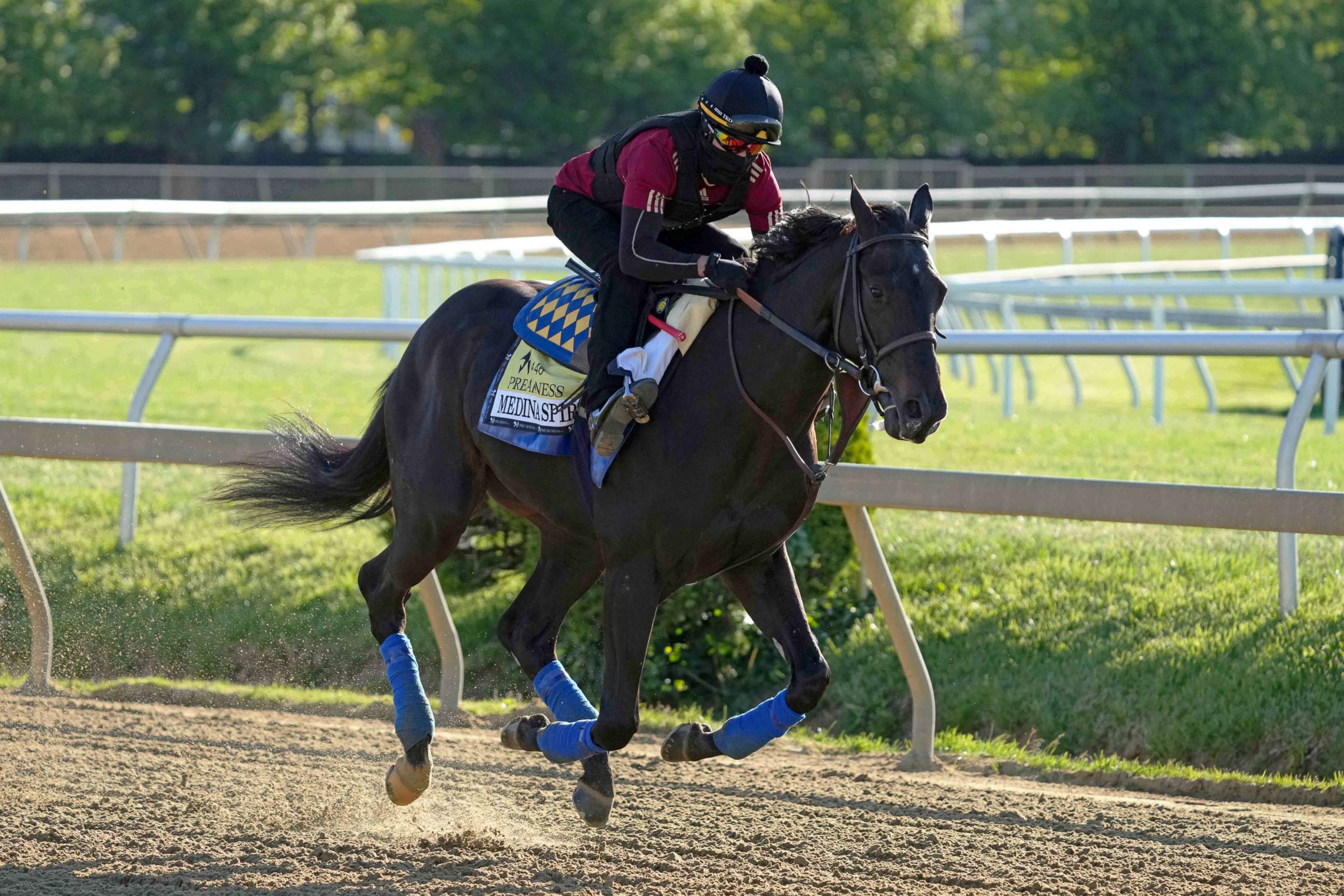 PHOTO: In this May 13, 2021, file photo, Medina Spirit runs during a morning workout at Pimlico Race Course in Baltimore.