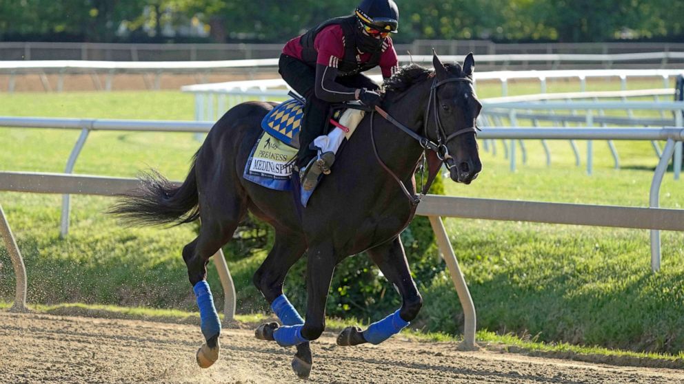 PHOTO: In this May 13, 2021, file photo, Medina Spirit runs during a morning workout at Pimlico Race Course in Baltimore.